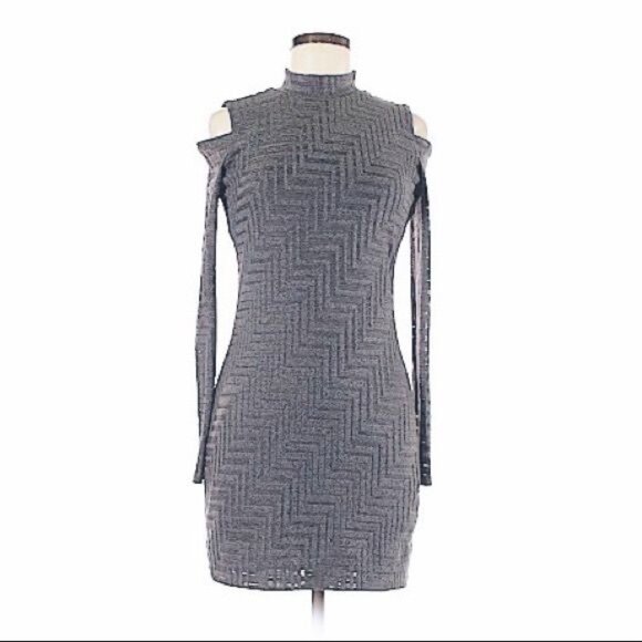 1. State Geometric Textured Bodycon Lined Gray Cold Shoulder Dress Size Small - Picture 1 of 12